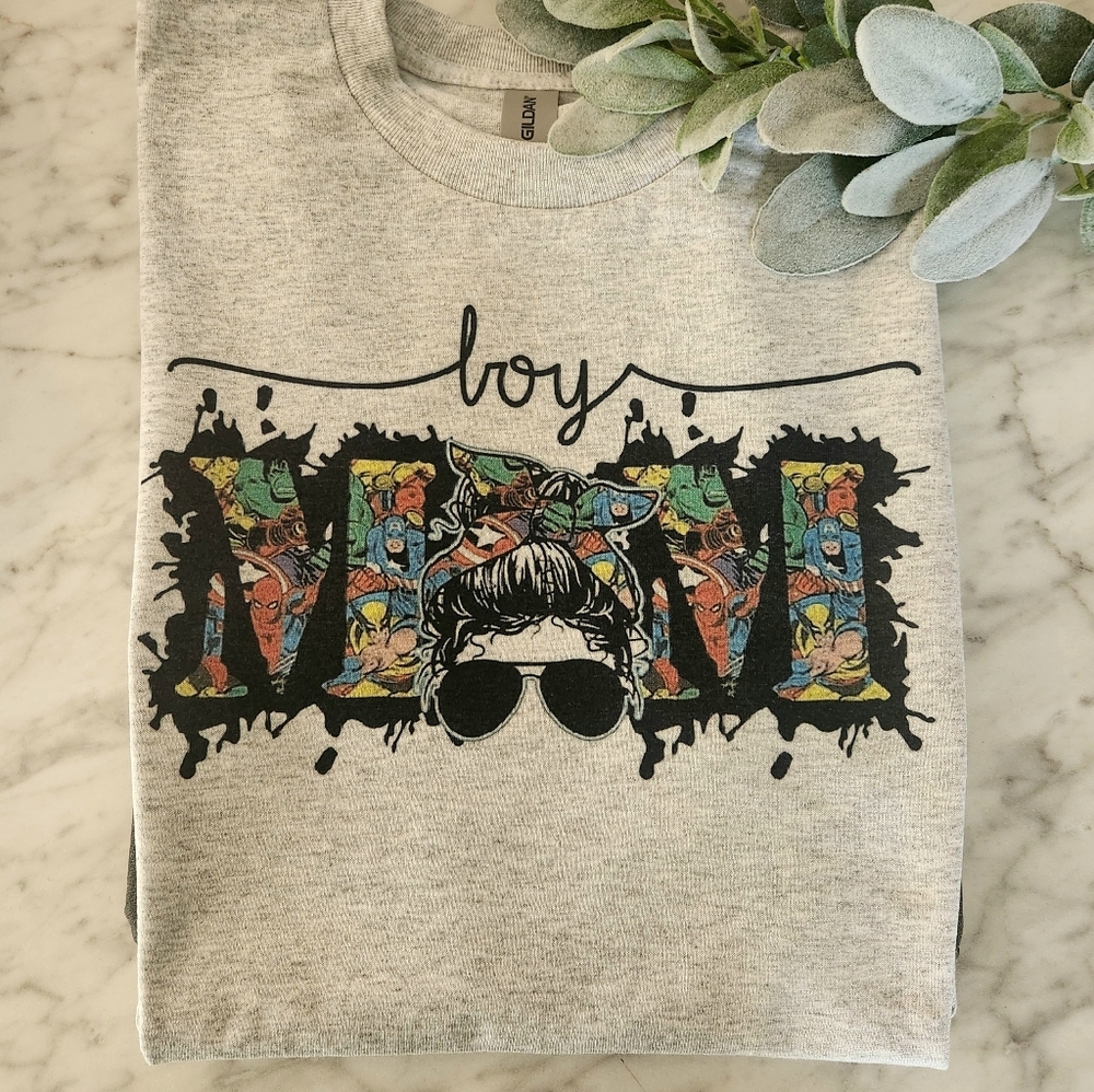 Boy mom shirt marvel cute messy bun popular trending